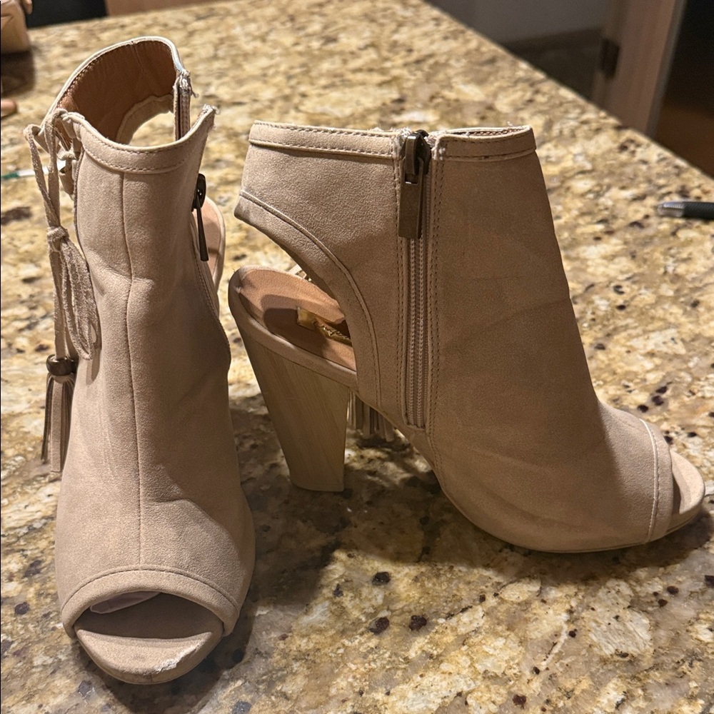 Cupid Taupe Open-Toe Heeled Boots
